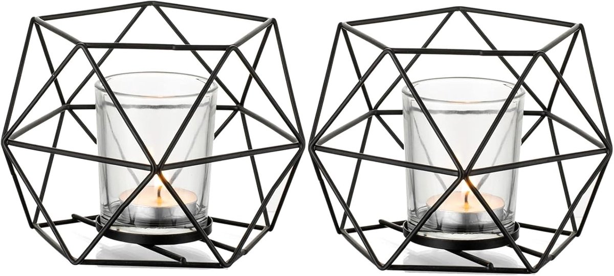 SnelShoppen - Set van 2 Geometrische Theelichthouders Zwart - Stijlvolle Kandelaar van Metaal voor Tafeldecoratie, Feest, Bruiloft, Moderne Interieurs