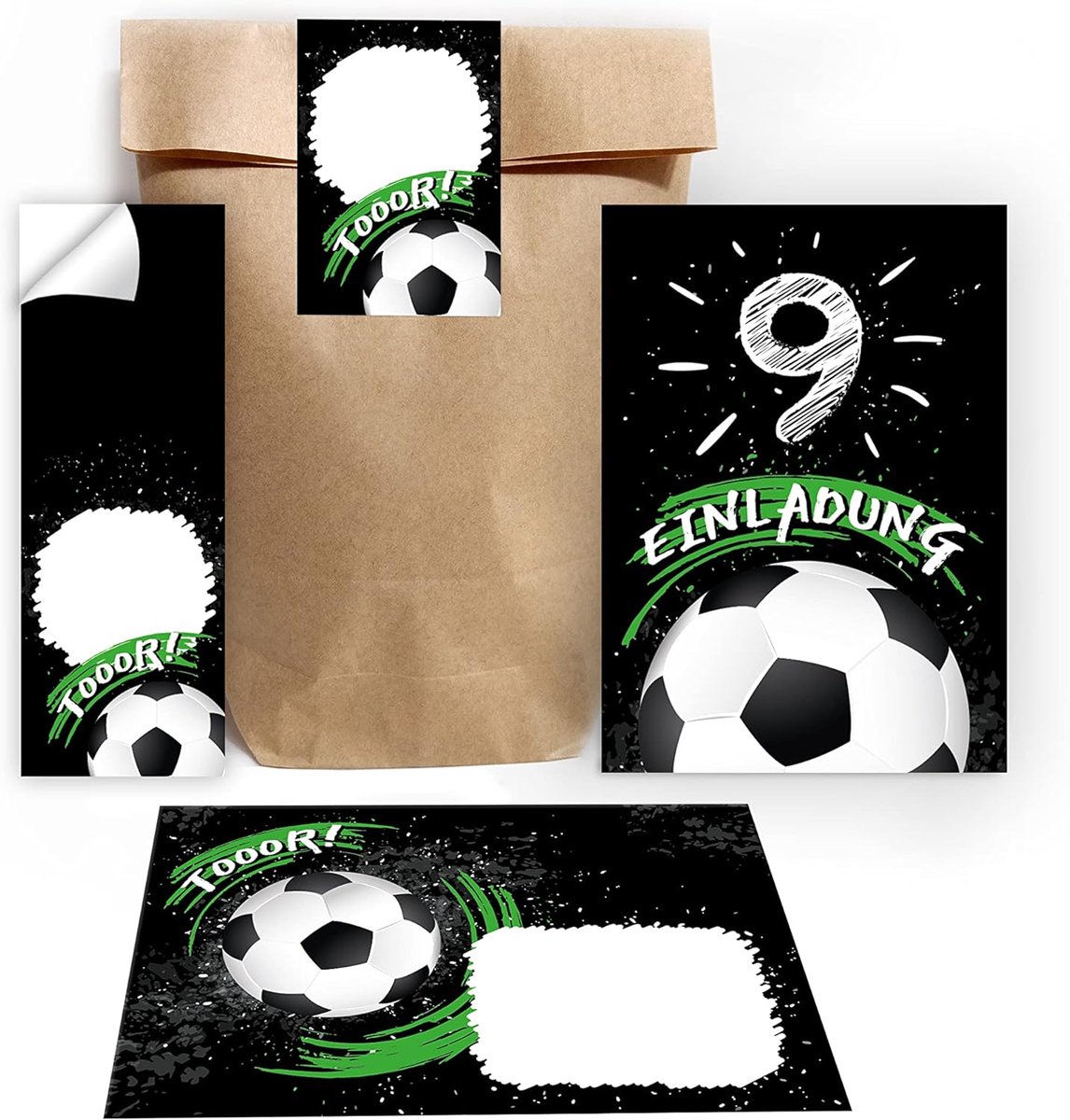 SnelShoppen - 12 Uitnodigingskaarten 9e Verjaardag Kinderen, Voetbal Thema, Inclusief 12 Enveloppen, Cadeautasjes en Stickers voor Jongens Feest