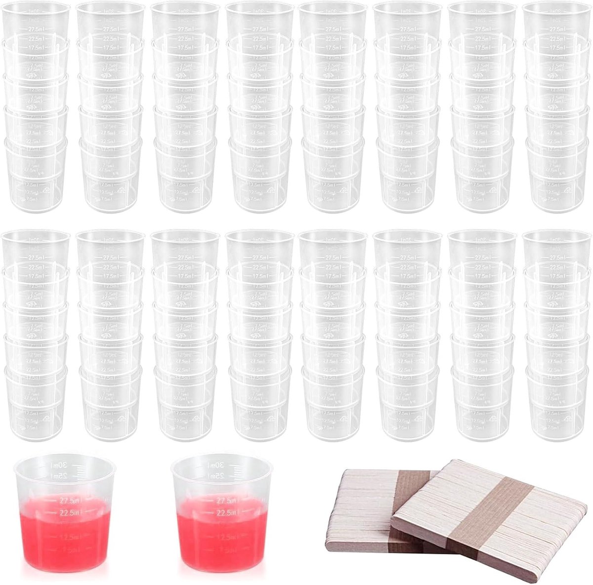SnelShoppen - 80 Stuks 30 ml Meetbekers en Houten Roerstaafjes | Plastic Maatbekers voor Epoxyhars, Laboratorium, Keuken, Herbruikbaar, Hoogwaardige K