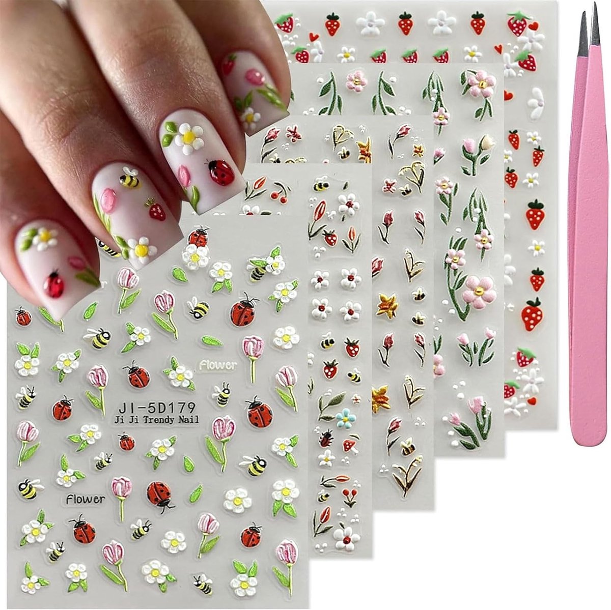 SnelShoppen - VelvetGlow Flowers Nail Stickers - 5D Kleurige Zelfklevende Aardbei Nagelontwerpen voor Lente en Zomer - 3D Nageldecoraties voor Vrouwen