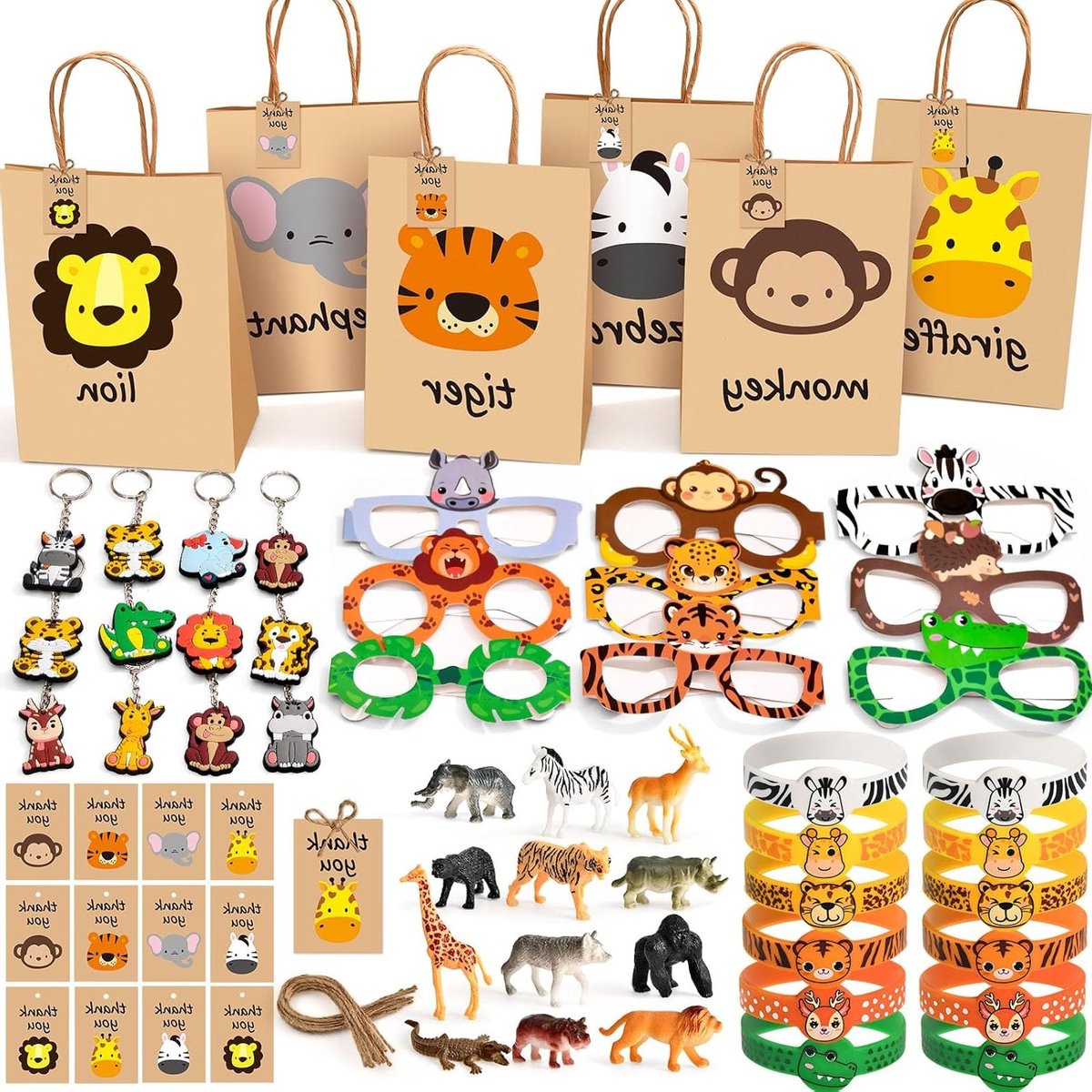 Jungle Dieren Cadeau voor Kinderverjaardag met Cadeautassen, Siliconen Armband, Sleutelhanger en Feestglazen voor Jongens