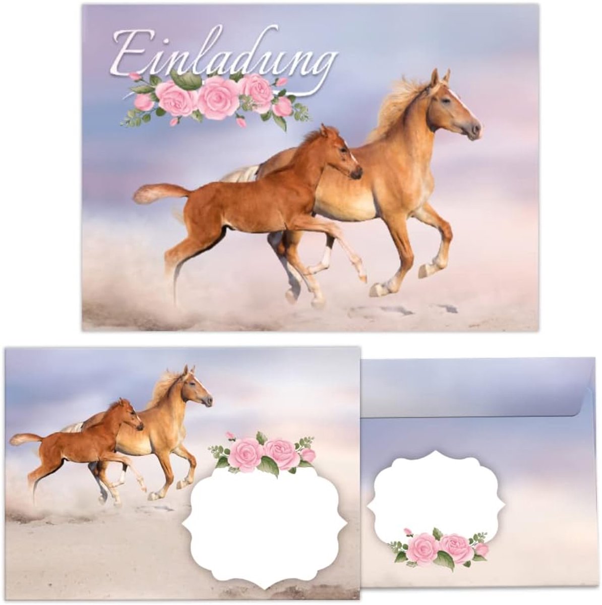 SnelShoppen - 12 Uitnodigingskaarten voor Verjaardag Meisje met Paard en Veulen + 12 Enveloppen - Perfect voor Kinderfeestje - 10.5x14.8 cm - Gecoat e