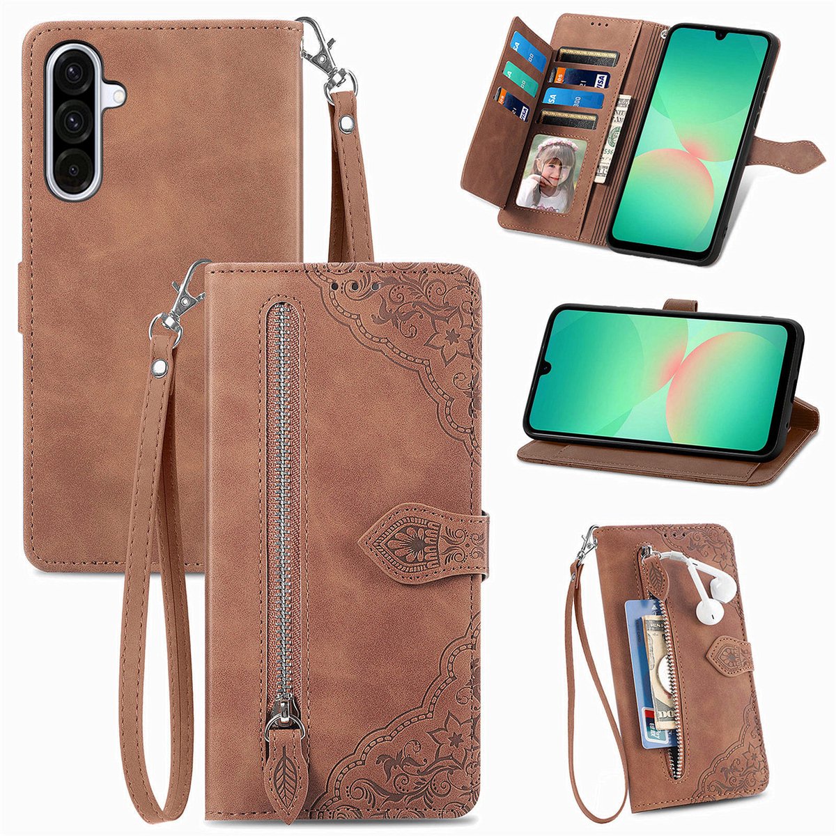 Telefoonhoesje geschikt voor Samsung Galaxy A27 5G - Portemonnee met rits - book-case hoesje - ruimte voor 7 pasjes - bruin