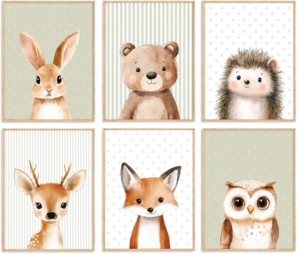 SnelShoppen - Stijlvolle Kinderkamer Decoratie Poster Meisje, Bosdieren Wanddecoratie met Beer Vos Hert, Hoogwaardige Canvasprint 20x30 cm in Saliegro
