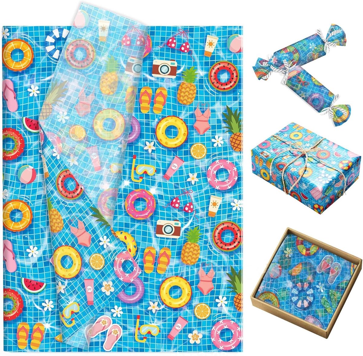 SnelShoppen - 100 vellen zijdepapier transparant cadeaupapier 50x35 cm met zomers zwembaddesign - ideaal voor knutselen, decoratie, en cadeauverpakkin
