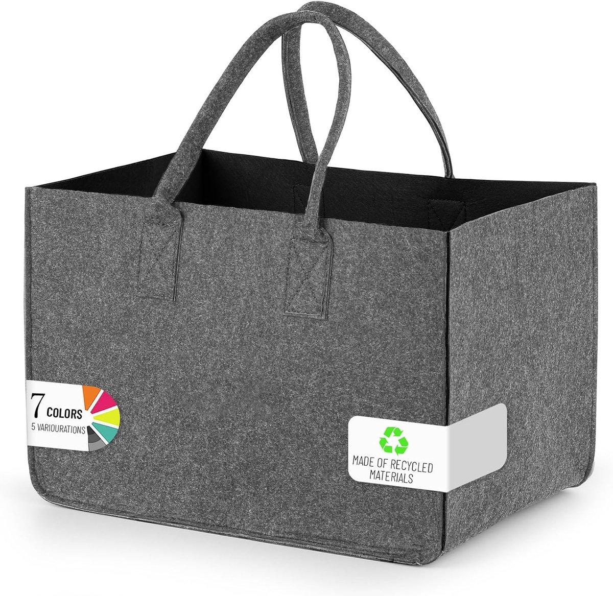 SnelShoppen - Shopping Basket, Felt Shopping Bag met Handvat, Hout en Openhaard Houtopslag, Ideaal voor Buiten, Picknick, Winkelen (Grijs - Zwart, 1 S