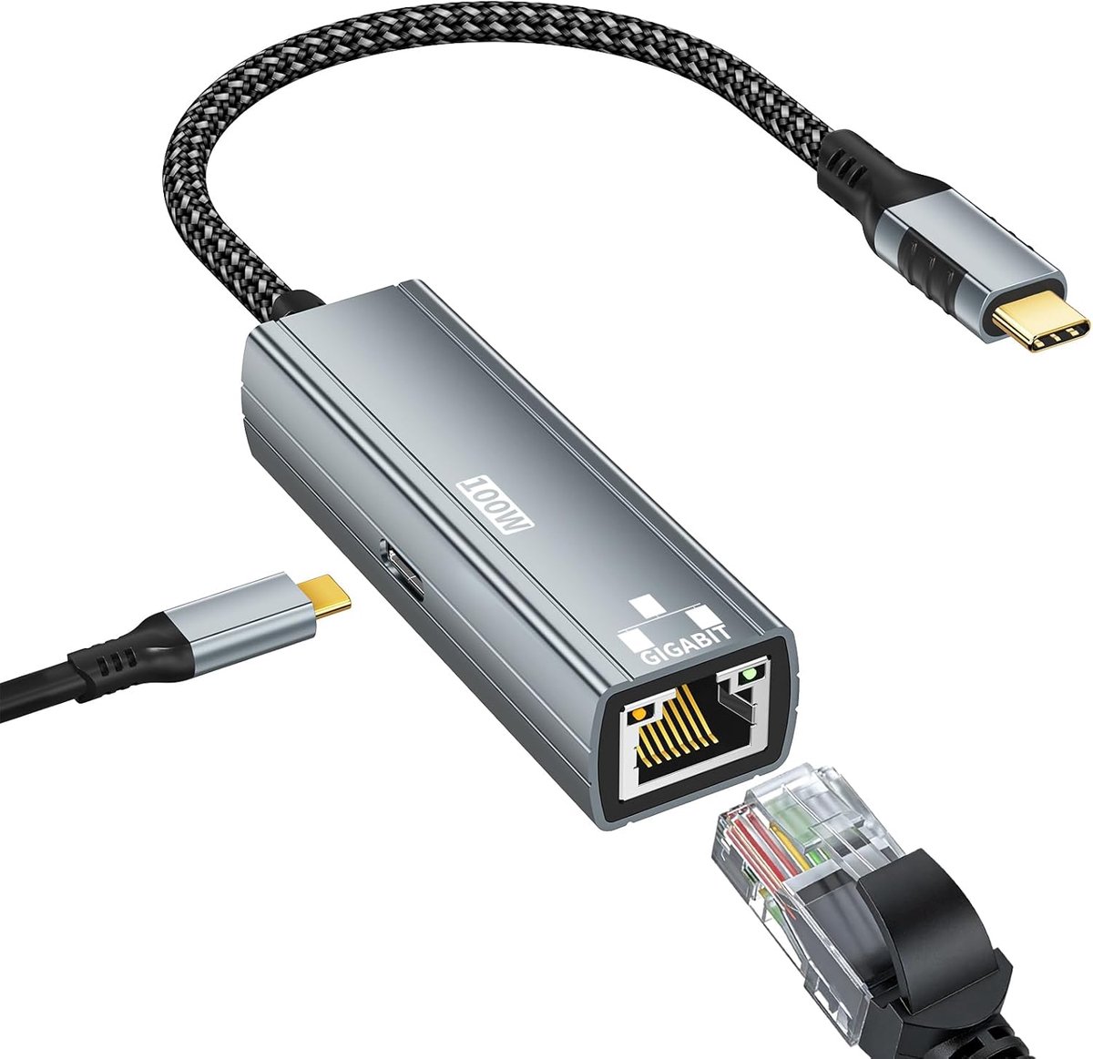 SnelShoppen - 2-in-1 Ethernet naar USB-C Adapter met PD Oplaadpoort 100W, Gigabit Ethernet USB Adapter 1Gbit/s voor MacBook, iPad, Laptop, Grijs