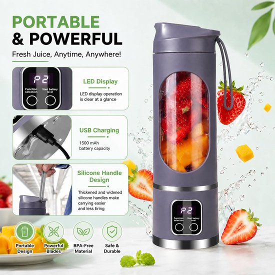 SnelShoppen - Draagbare Blender Smoothie Maker To Go 500 ml met LED-Display, 12 Messen, USB Oplaadbaar, BPA-vrij, Ideaal voor Sport, Reizen, Kantoor e van Snelshoppen — afbeelding 4