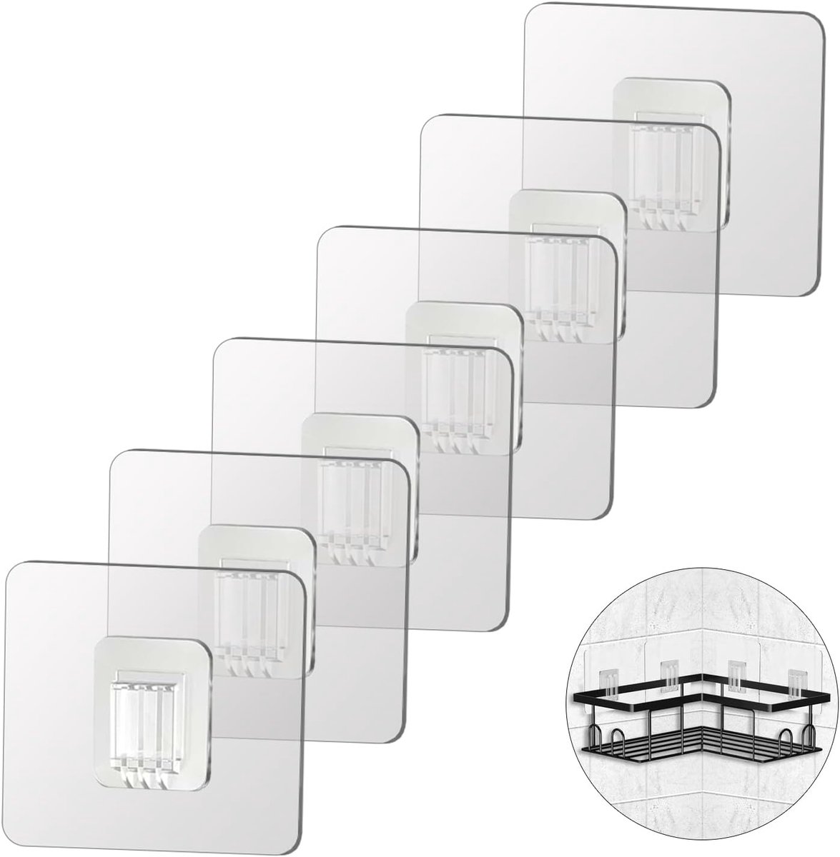 SnelShoppen - 6 Stuks Vervangende Adhesieve Haakjes voor Douche Caddy - Transparante Haakjes 7x7cm voor Badkamer, Keuken en Douche - Waterdicht en Duu