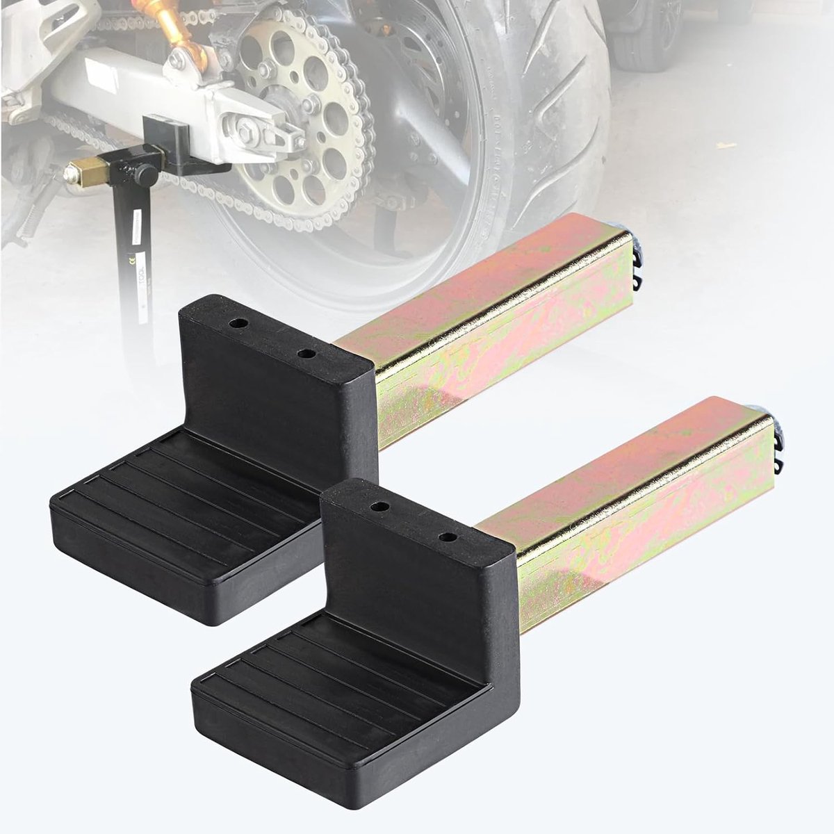 SnelShoppen - Motorfietsstandaard Achterstand met Klemhouder, 2 x L-vormige Swingarm Haak, 20 x 20 x 118 mm, Roestvrij Gegalvaniseerd Ijzer, Motoronde