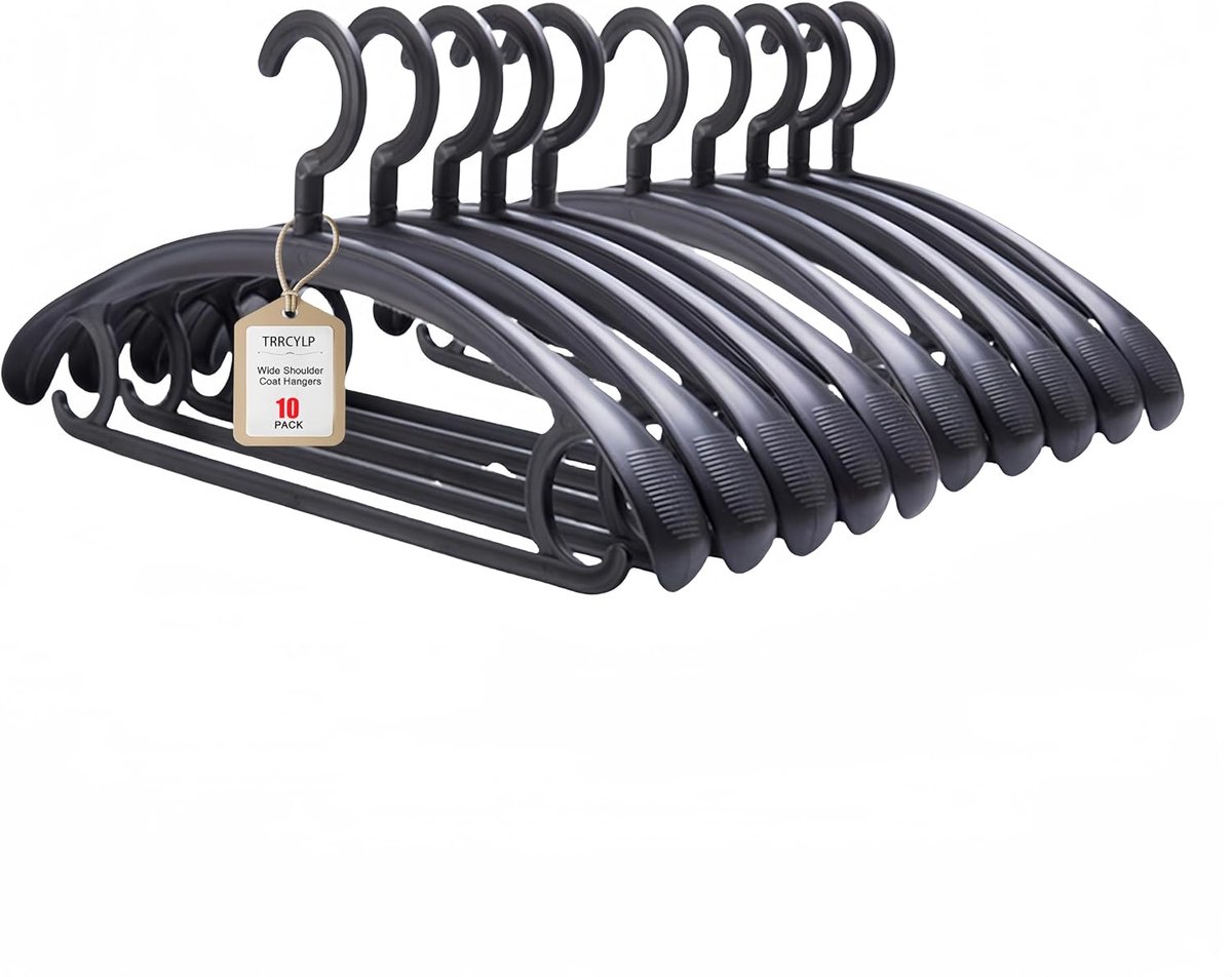 SnelShoppen - 10 Stuks Kledinghangers Sterke Plastic 25lbs Capaciteit Draaibare Haak Breed Schouder Non-Slip Dikke Jas Hanger (Zwart)