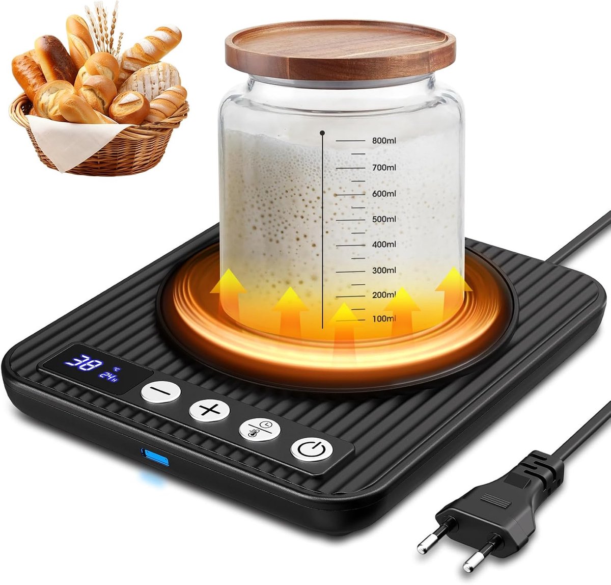 SnelShoppen - Sourdough Starter Warmer met Nauwkeurige Thermostaat 1°C, Temperatuur 21-38°C, 0-24 Uur Timer, Automatische Aan/Uit, Geheugenfunctie, Zw