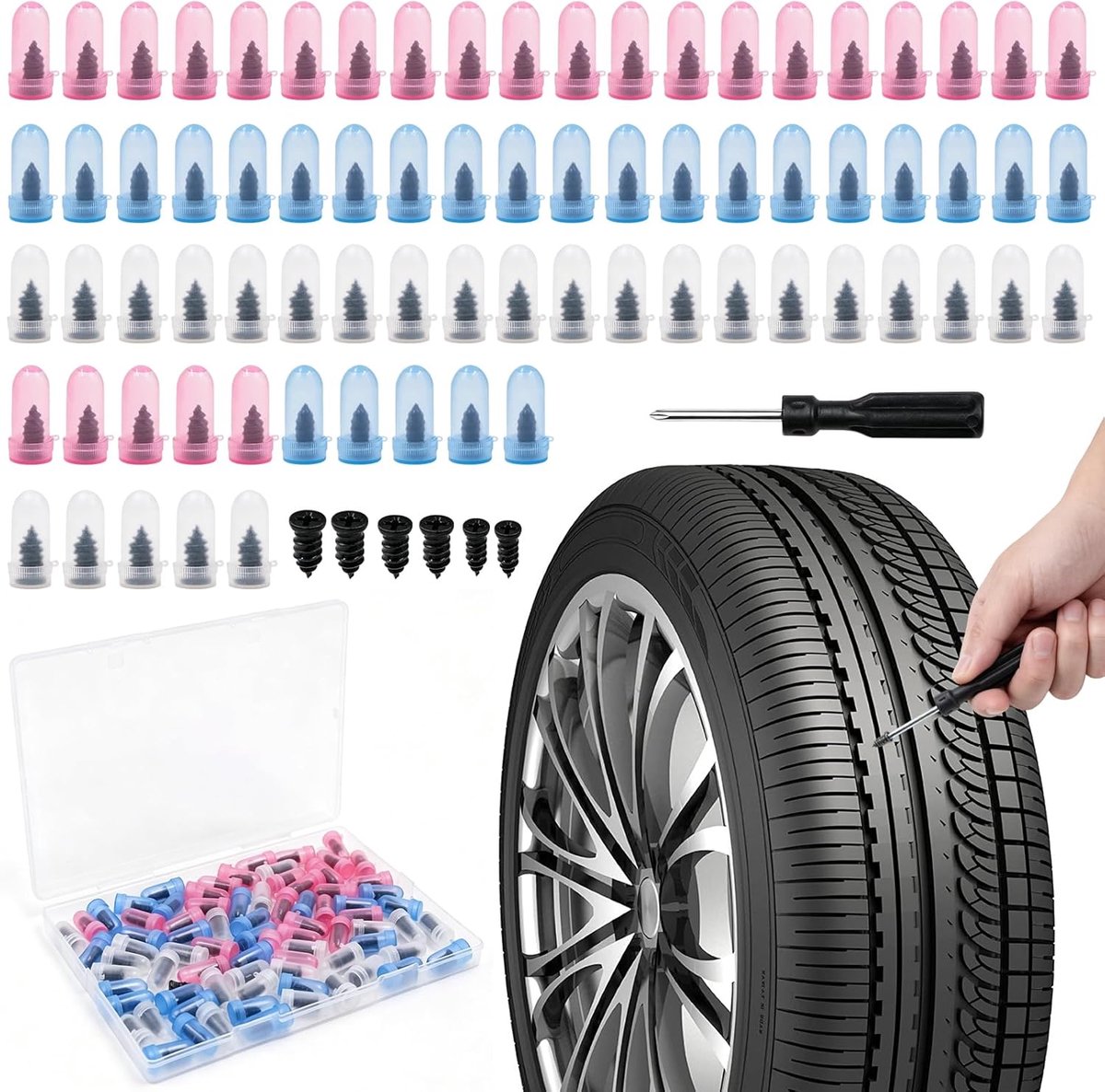 SnelShoppen - 91-delige Bandenreparatieset Koolstofstaal - Bandenreparatie Gereedschap met Schroevendraaier - Voor Auto, Motorfiets, Fiets, Bestelwage