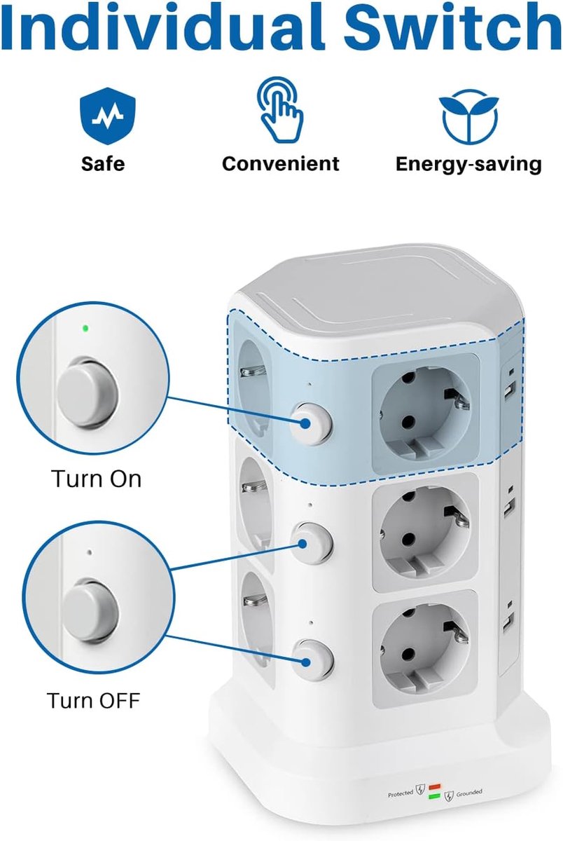 Thijox - 12-voudige Stekkertoren met Overspanningsbeveiliging, 4000 W/16 A, 6 USB-aansluitingen, Afzonderlijk Schakelbaar, 5 Meter, Wit voor Kantoor,