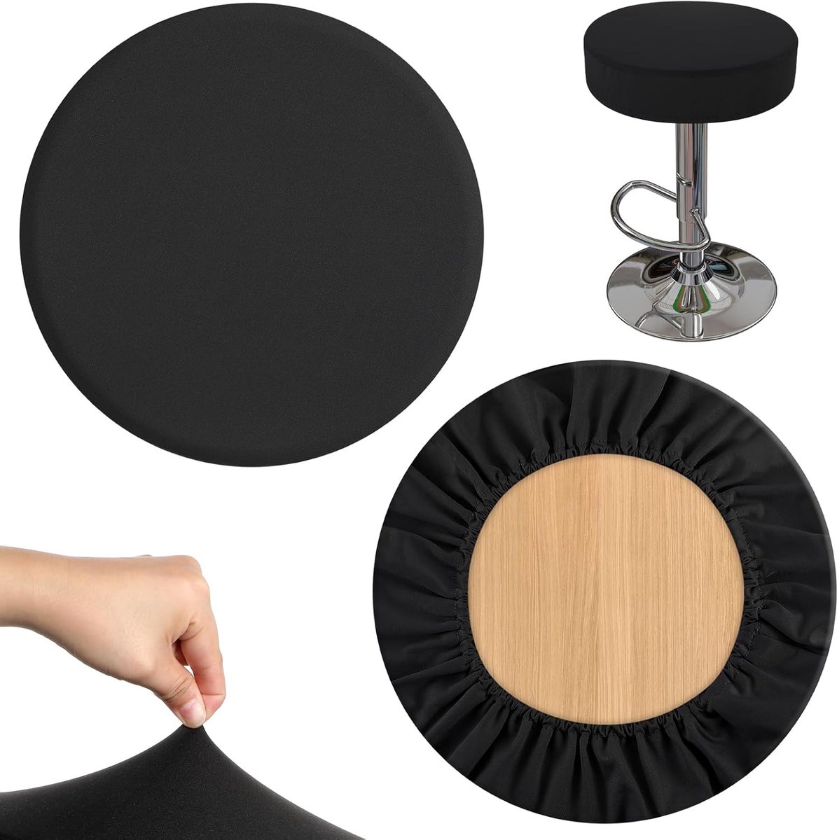 SnelShoppen - 2x Ronde Stoel Covers 30-40cm, Zwart, Rekbaar, Kreukvrij, Wasbaar, Stofdicht, Ideaal voor Barstoelen en Keukenstoelen