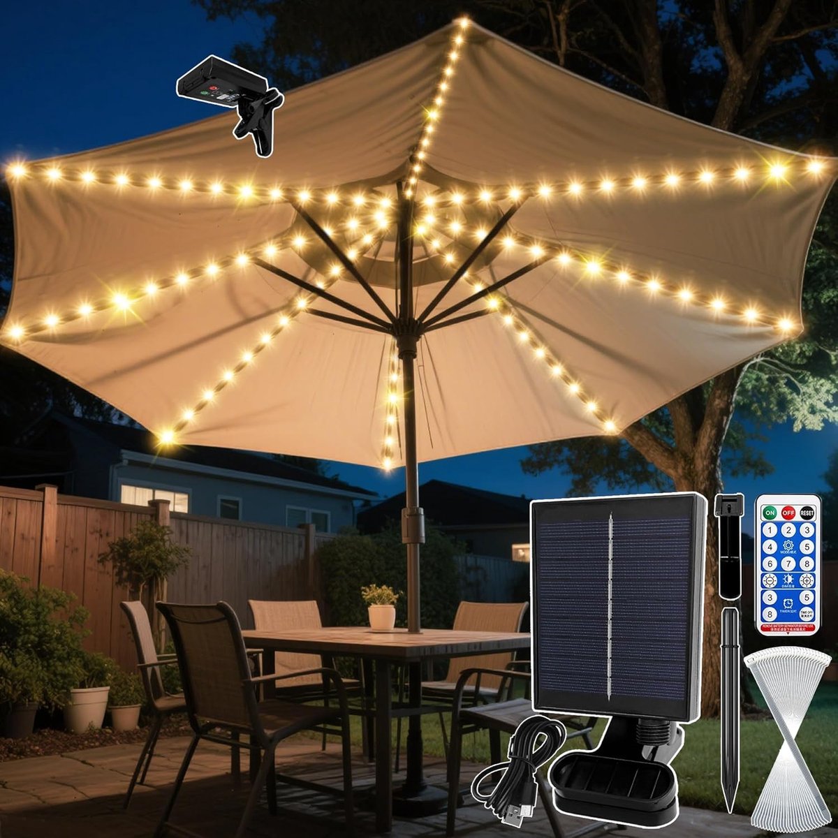 SnelShoppen - Solar Parasol Verlichting met 104 LED's, Afstandsbediening, IP67 Waterdicht, 8 Helderheidsniveaus, Tuin Feestverlichting voor Buiten