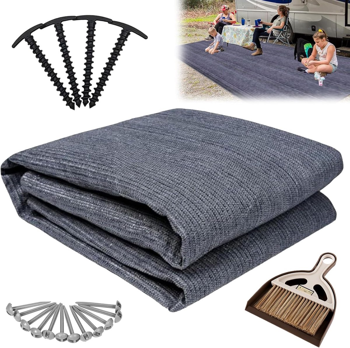 SnelShoppen - Camping Mat 2.5 x 6 m - Tent Rug, Tarp, Camping Floor Mat met Broom, Shovel, 4 Screw Hooks en 12 Steel Pegs voor Buiten, Perfect voor Ka