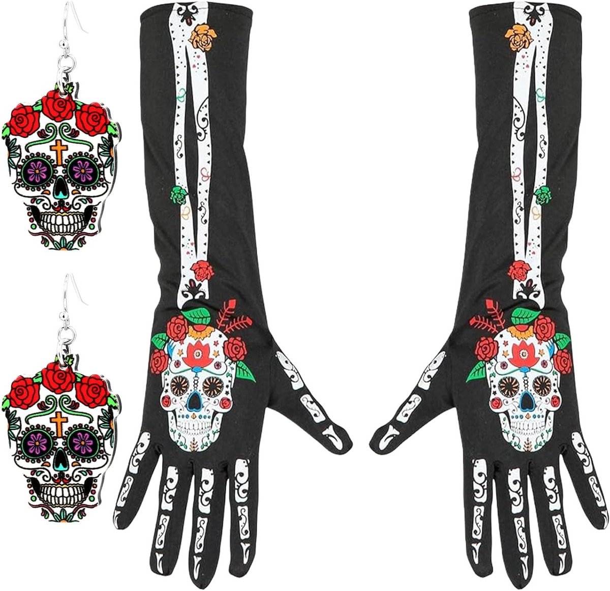 Vrouwelijk Dia de los Muertos Kostuum, 2-delig met Handschoenen en Schedel Oorbellen, Perfect voor Themafeesten en Carnaval, Lengte Ongeveer 40 cm