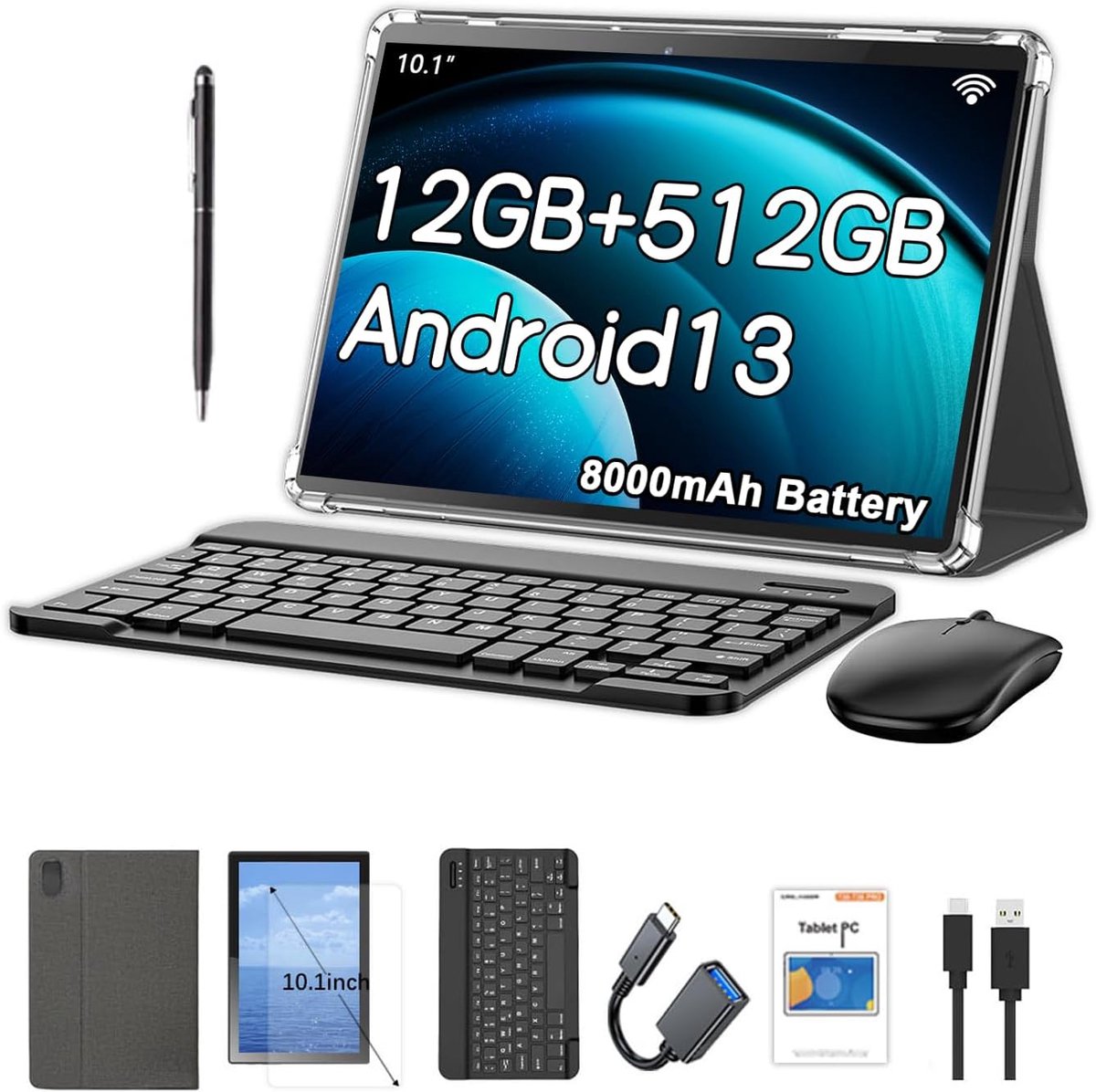 SnelShoppen - Android Tablet 10.1 Inch met 12GB RAM, 512GB ROM, 1280x800 IPS HD Touch Screen, 8000mAh Batterij, Bluetooth en Triple Camera - Ideaal vo