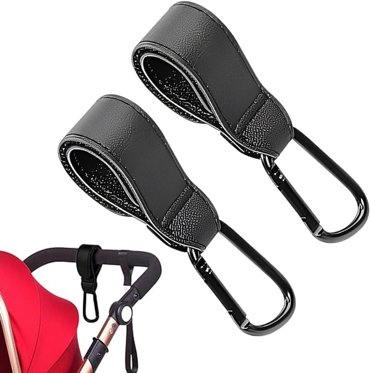 SnelShoppen - Stroller Hooks voor Kinderwagens - 2 Zwarte Haakjes van Duurzaam Leer en Metaal - Perfect voor Ouders en Verzorgers - Gemakkelijk en Pra