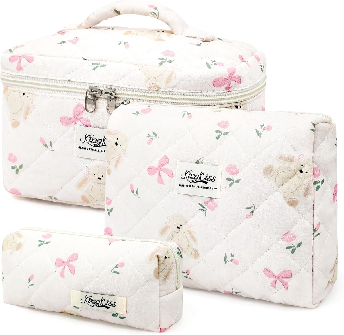 SnelShoppen - 3-delige Cosmeticabag Set voor Vrouwen - Grote en Kleine Toilettas - Makeup Bag met Bloemenprint en Strik - Ideaal voor Reizen, Schoonma