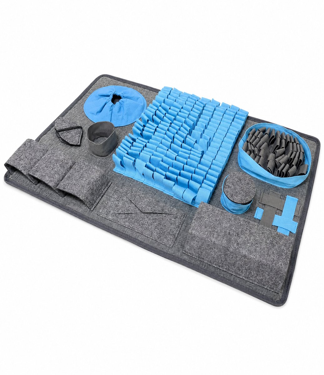 ZoeZo Snuffelmat Hond 65 x 45 cm - Anti-Schrok Voermat - Slowfeeder - Denkspel met 10 Zoekzones en Moeilijkheidsniveaus - Opvouwbaar - Grijs/Blauw thumbnail 2