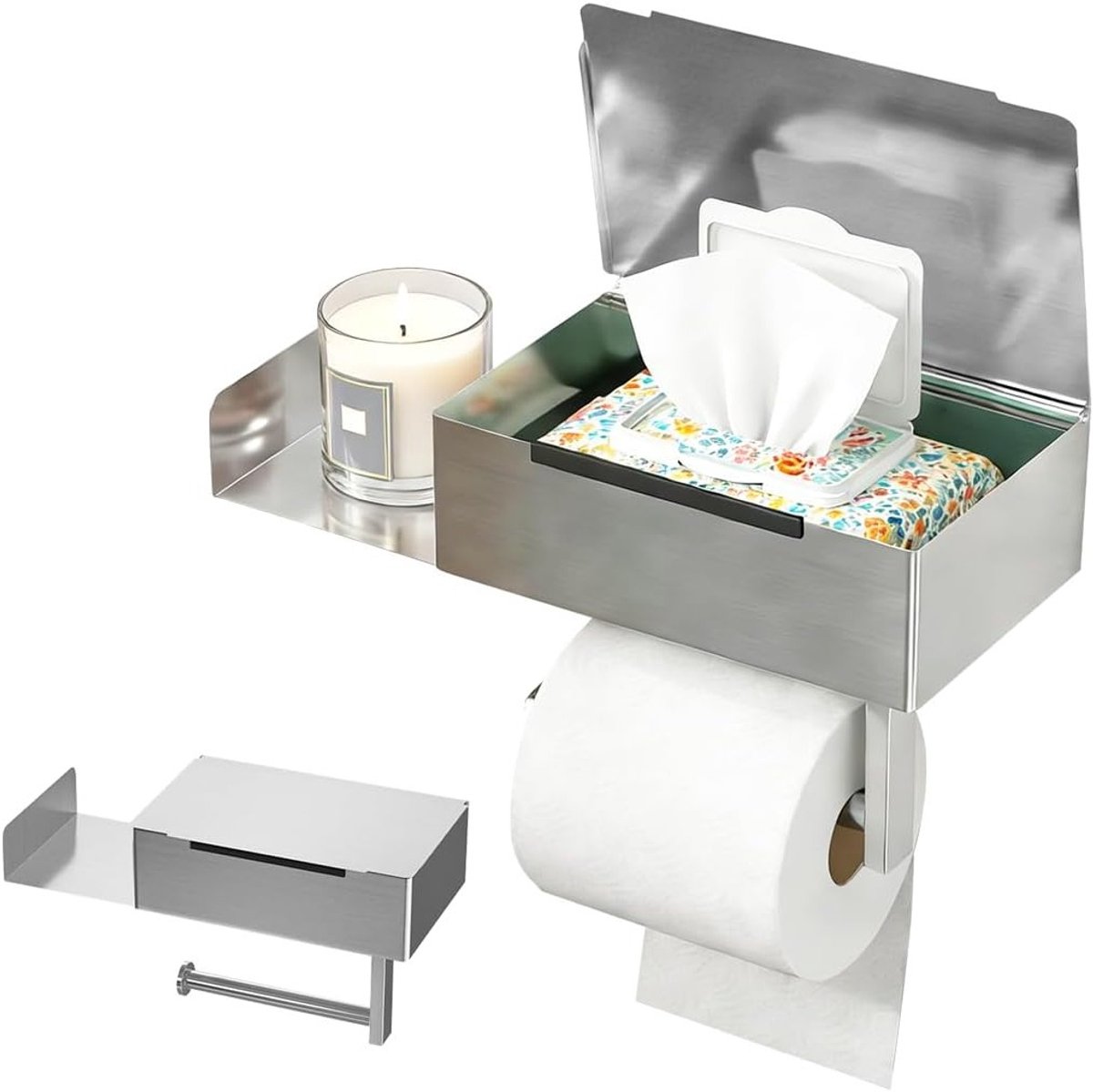 Toiletpapierhouder zonder boren met natte tissuehouder en opslagplank, roestvrij staal, praktisch en stijlvol voor badkamerorganisatie