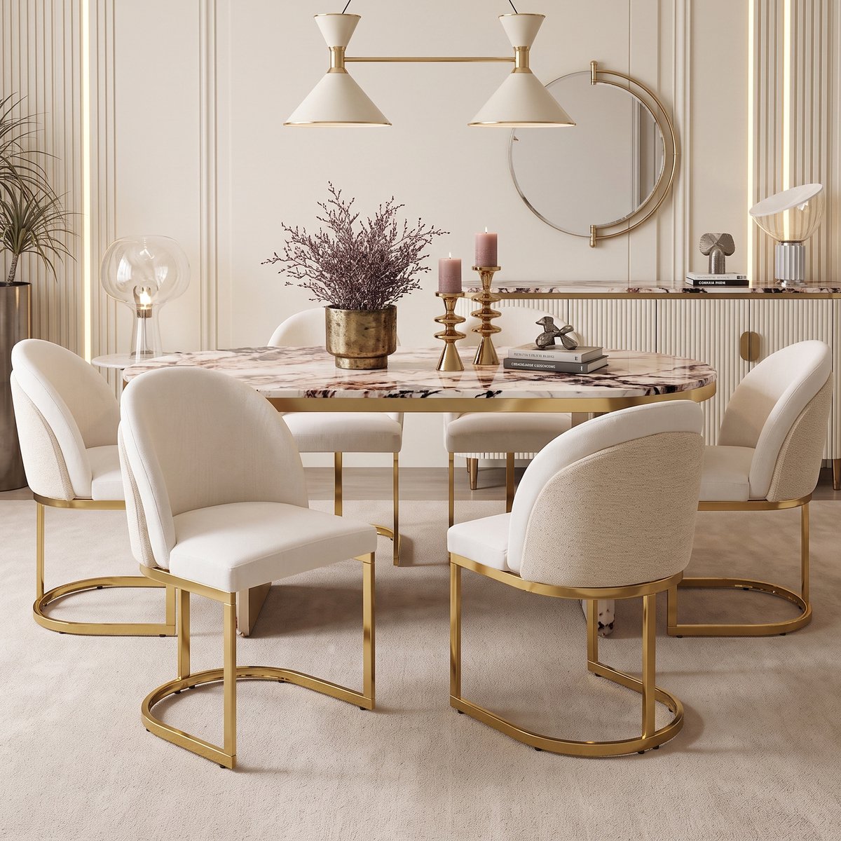 Pugsdrly 4 eetkamerstoelen, comfortabel en ademend, geschikt voor restaurants, woonkamers, cafés en andere locaties, moderne stijl, goudkleurig gegalvaniseerde stoelpoten, chenille-stof, beige + goud