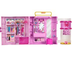 Barbie kledingkast met Spin & Style functie - Kaptafel, Poef, 4 Outfits, meer dan 20 Onderdelen en Draagbare Opbergruimte