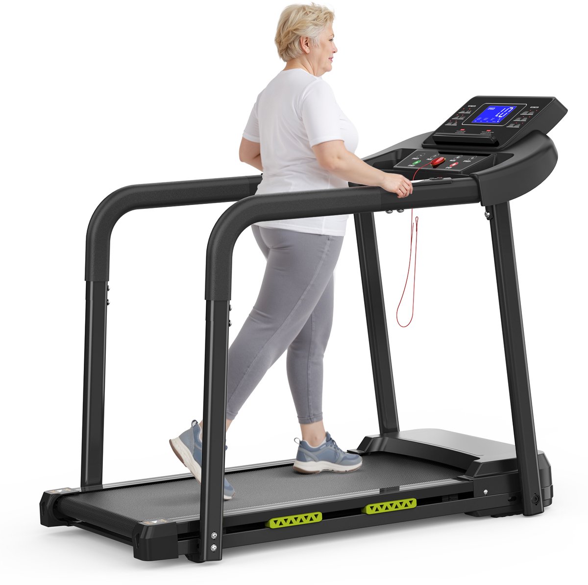 Senioren Trainingsloopband - Stevige en veilige constructie - Groot LED-display - Lange handgrepen voor balans - Belastbaar tot 135 kg - APP-bediening