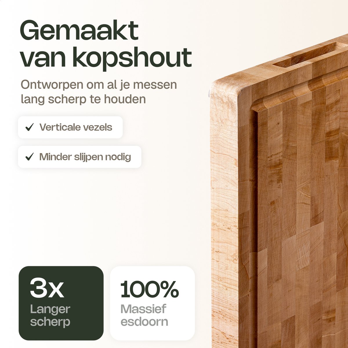 VDN Professionele Snijplank Esdoorn Hout met Sapgeul en Handvaten – Anti-slip Borrelplank - Hakblok Kopshout 26x38x3.5 cm — cadeau in Kookcadeaus - foto 4