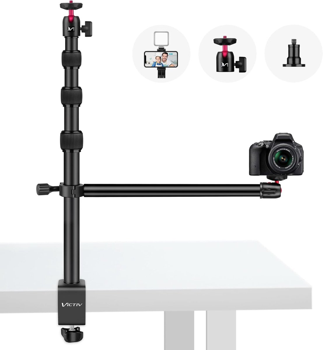 Thijox - Verstelbare Overhead Telefoon Mount 14,5"-41,5" Aluminium Camera Mount met 360° Kogelkop - Ideaal voor iPhone, Webcam, Ringlicht en C-Stand B