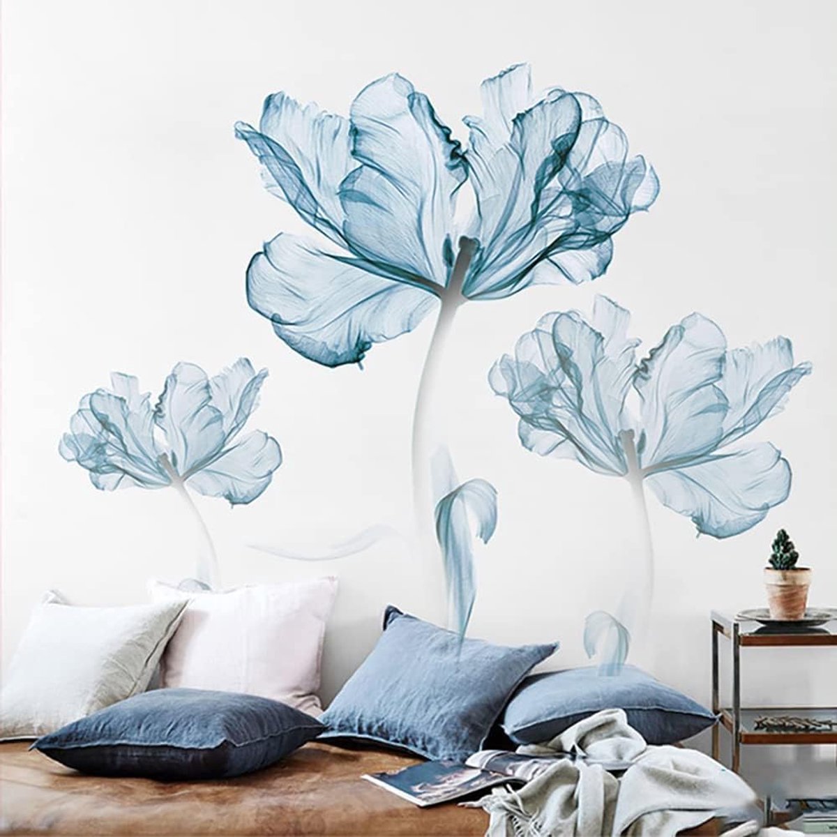 SnelShoppen - Grote Blauwe Bloemen Wandstickers - Poppy Bloemen Wanddecoratie voor Kinderkamer, Woonkamer, Badkamer, Thuis, Kantoor, TV Achtergrond, V