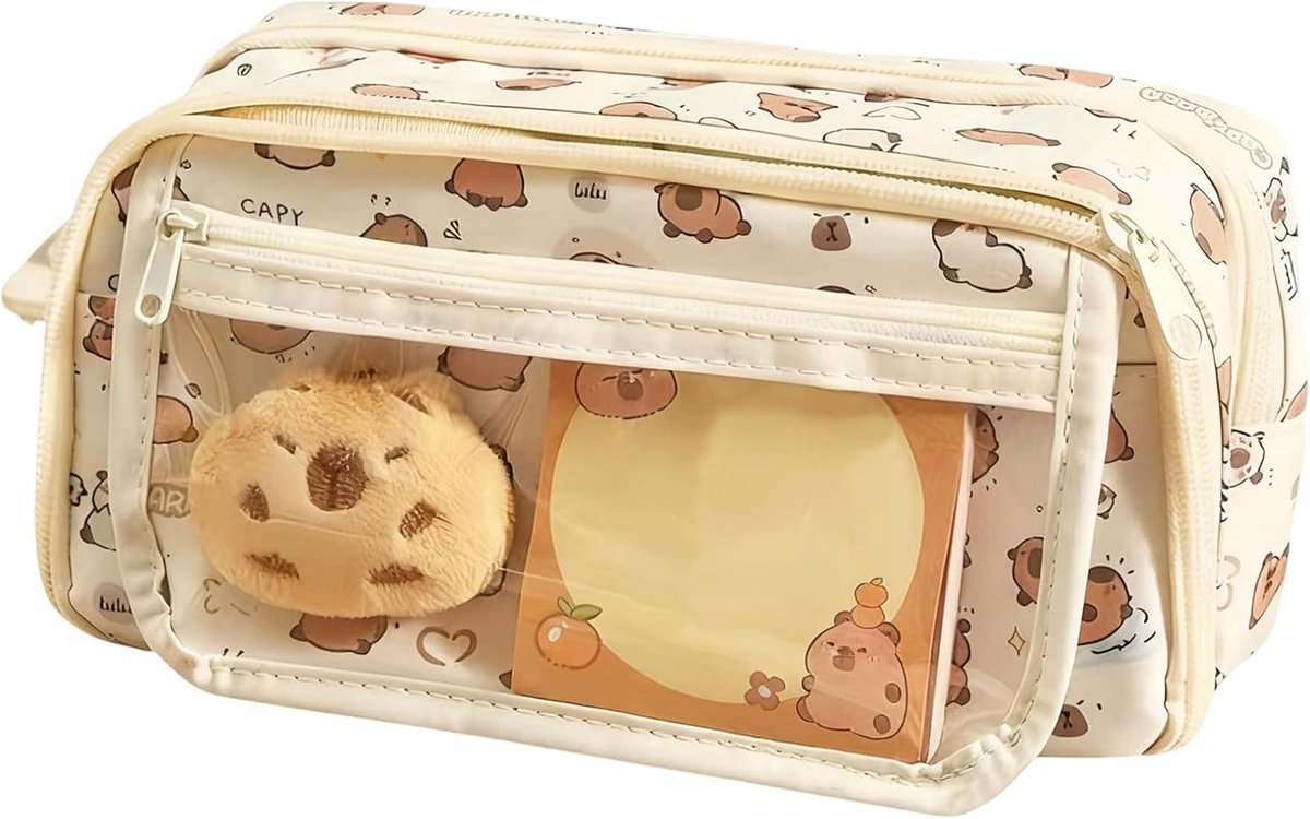SnelShoppen - Capybara Pennenkoker voor Kinderen - Grote Capaciteit Multi-Laags Etui - Schattige Cartoon Print - Duurzaam Canvas - Perfect voor School