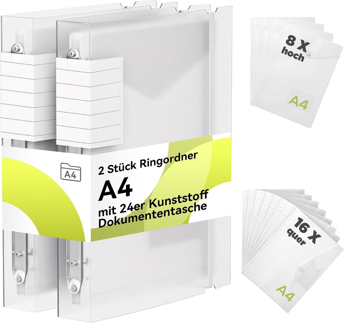 SnelShoppen - Set van 2 Ringbinders A4 Breed met 12 Verwijderbare Documentmappen - Waterdichte Documentcovers, Ordner met Register, Ideaal voor Thuis