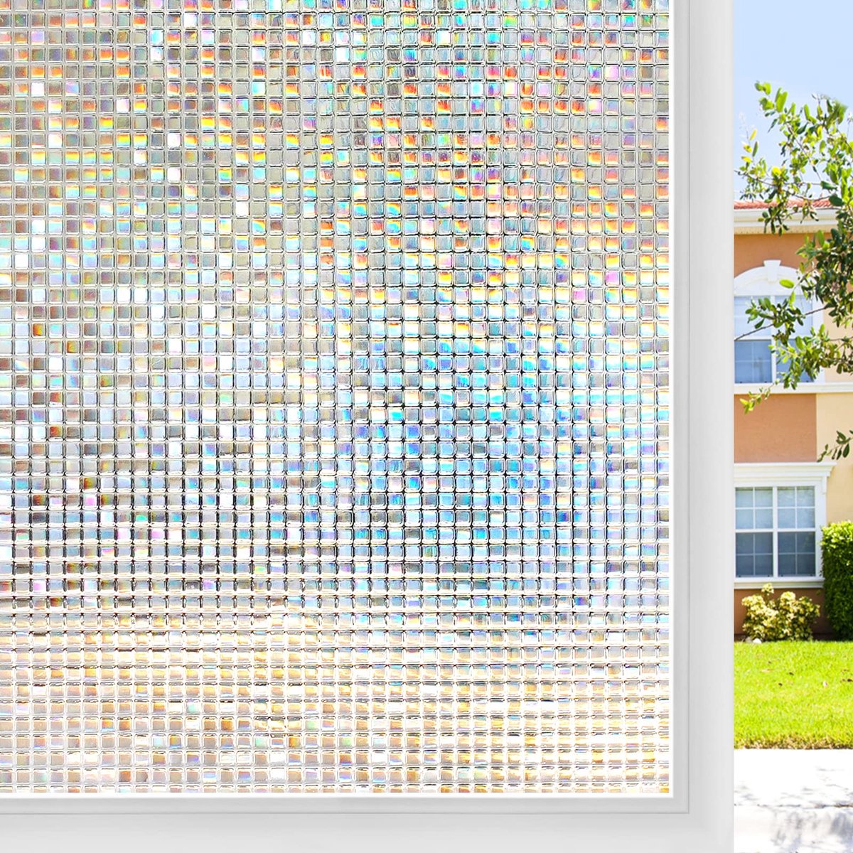 longziming -Raamfolie Privacy 60 x 200 cm – 3D Mozaïek Glasfolie – Statische Hechting – UV-Werend – Herbruikbare Decoratieve Glasfolie met Regenboogeffect