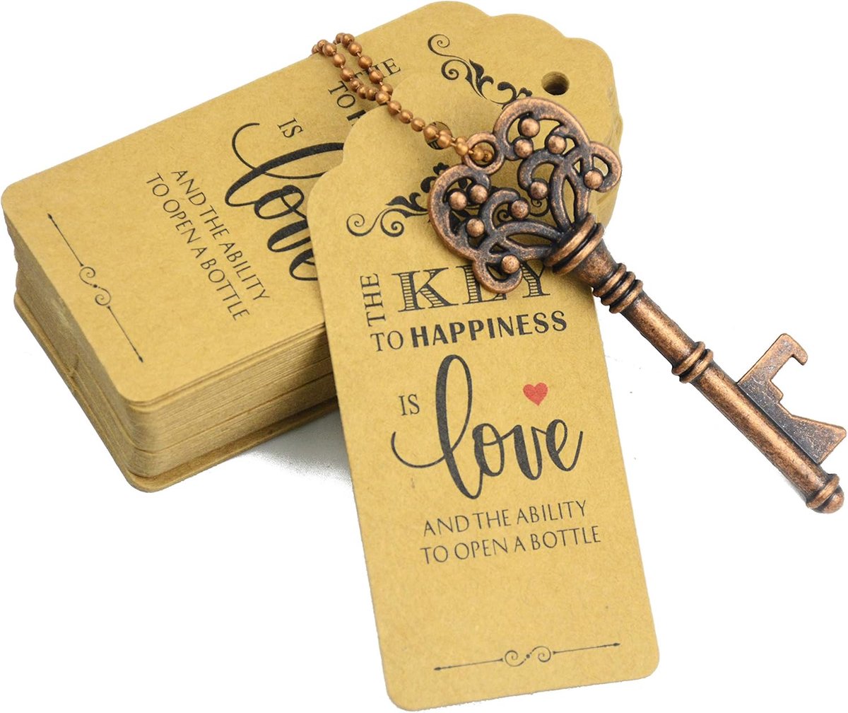SnelShoppen - 52-delige Skeleton Key Bottle Opener Set - Antieke Koperen Flesopener met Bedankkaartjes & Sleutelhangers - Perfect voor Bruiloften, Fee