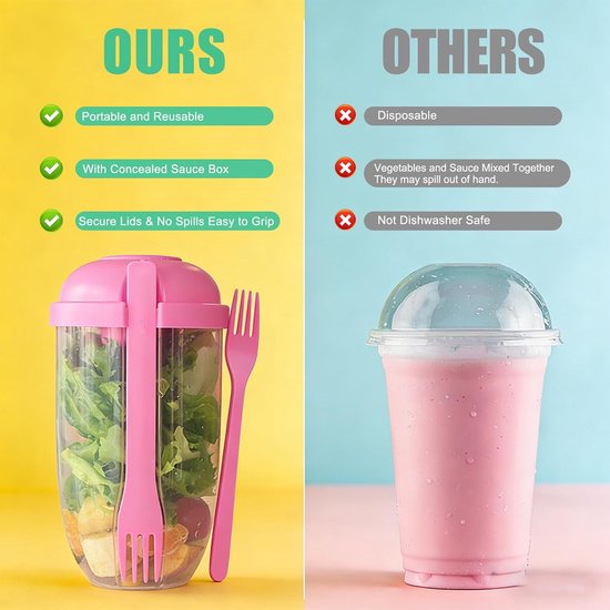 Yoghurt Beker voor Onderweg - 4 Pack Salad Cup met Dressing Container en Bestek - 1000ml Overnight Oats Beker - Herbruikbare Cruesli Beker to Go en Salade Lunchbox voor Kantoor en School-roze, mintgroen, wit, blauw — afbeelding 3