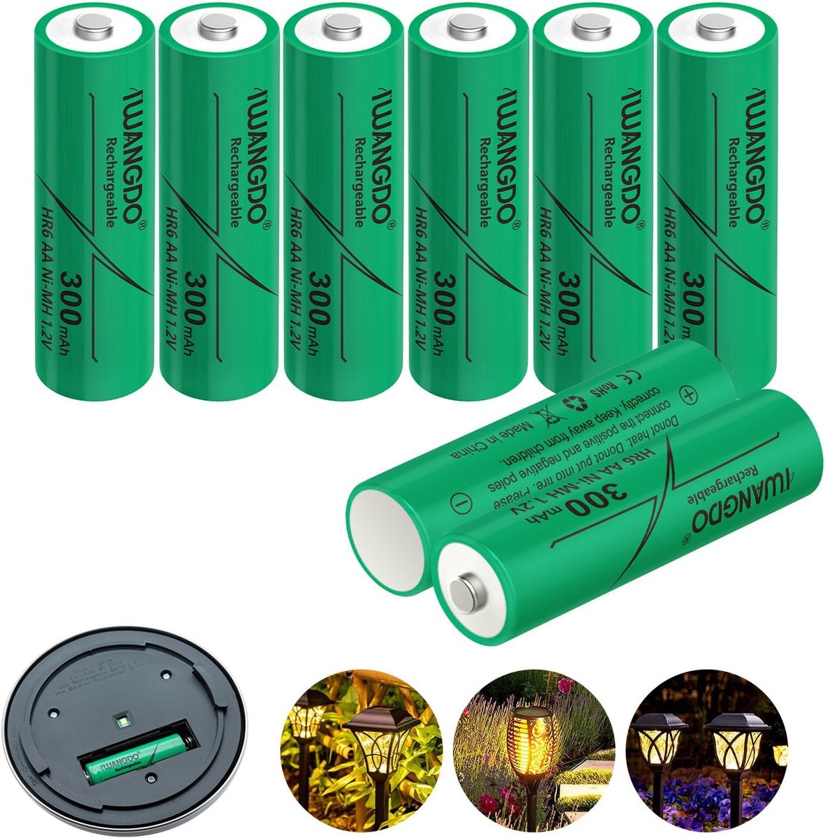 SnelShoppen - Pack van 8 Oplaadbare AA Batterijen 300 mAh HR6 voor Tuinverlichting, Pre-Charged, NiMH, Ideaal voor Solar Tuinlampen