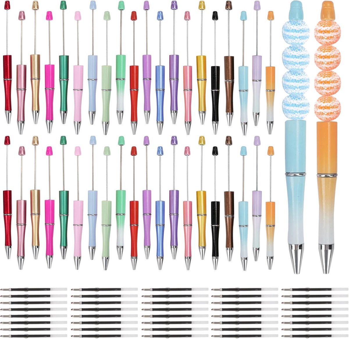 Thijox - 40 stuks kleurrijke balpen met parels, kunststof doe-het-zelf balpennen met 40 navullingen, creatieve knutselstiften voor kantoor en school,