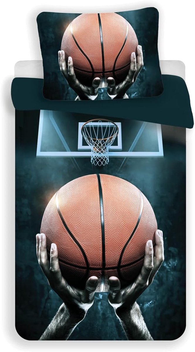 Thijox - Basketbal Beddengoedset 140x200 cm - 100% Katoen Dekbedovertrek + Kussensloop - Omkeerbaar Design - Ideaal voor Kinderen en Sportliefhebbers