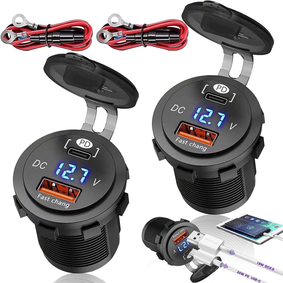 SnelShoppen - 2Pcs 52.5W 2 Poort 12V USB Socket Autolader, PD USB C en QC3.0 Motor Socket Waterproof, Aluminium Waterdichte Sigarettenaansteker voor M