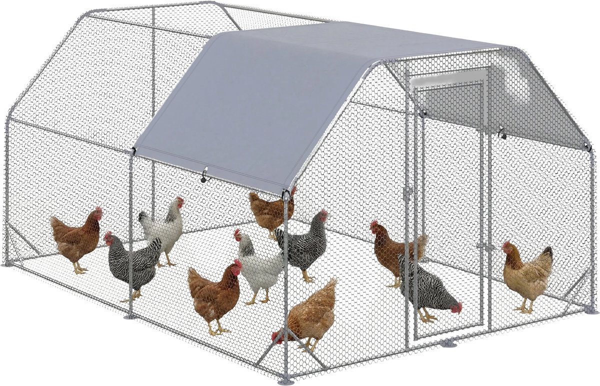Kippenren 280x380x195 cm – Vrijloop Hekwerk met Deur – Oxford Zilver