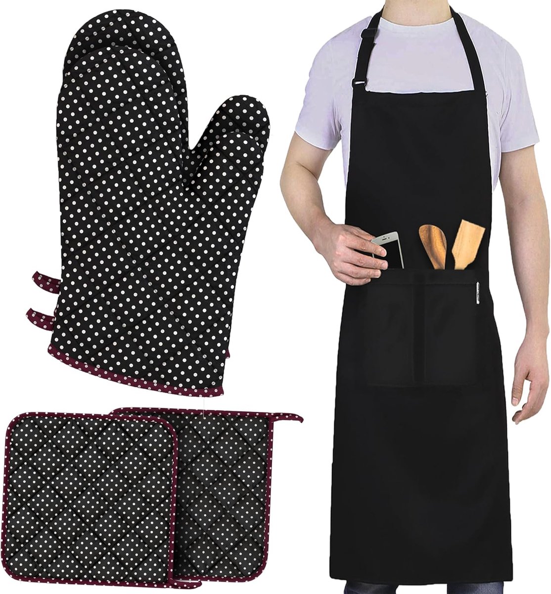 SnelShoppen - 5 in 1 Keuken Set met Kookschort, Ovenwanten, Pothouders, Verstelbaar Schort, Warmtebestendig, Zwart, Ideaal voor BBQ, Grill, Restaurant