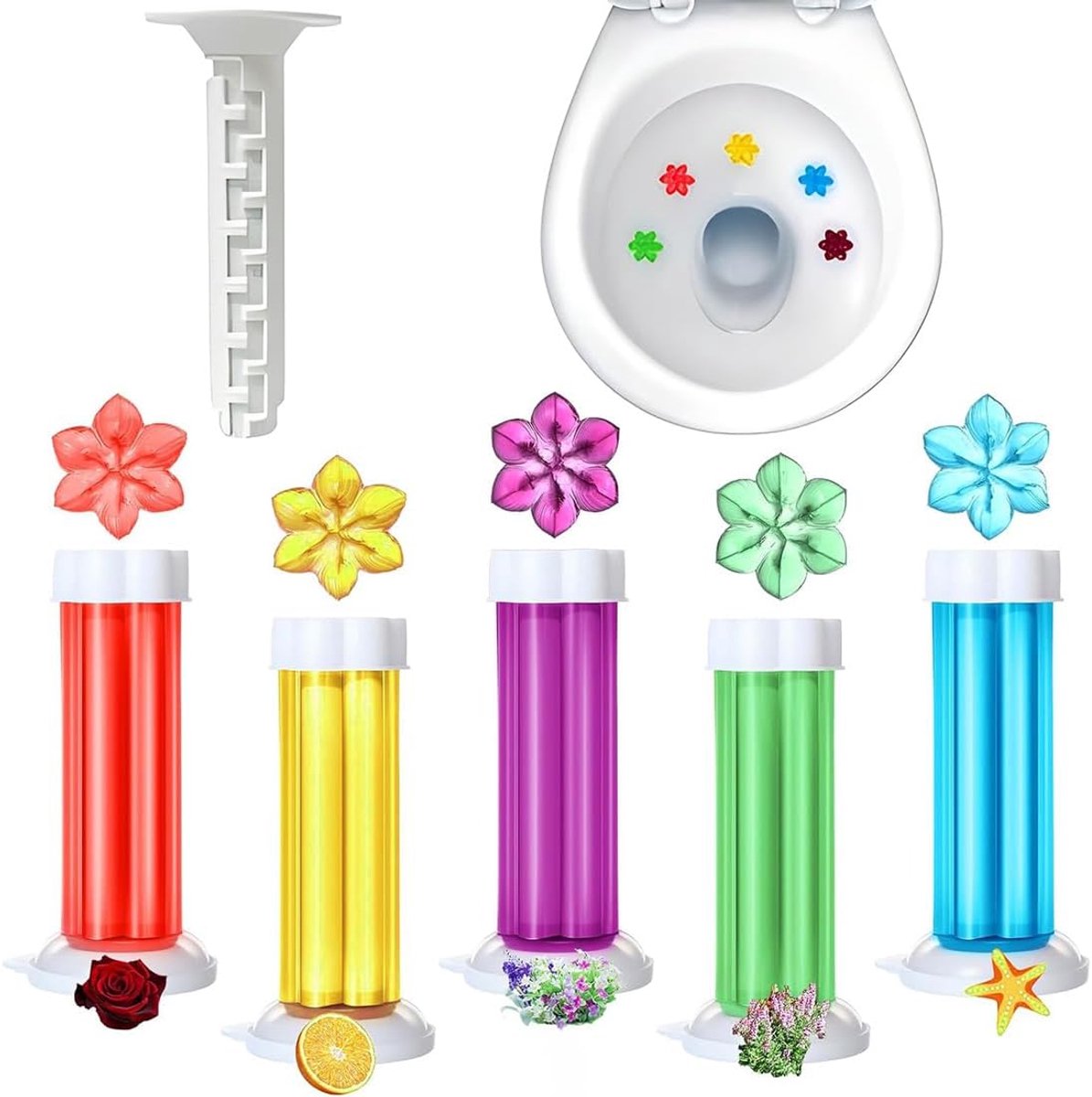SnelShoppen - 5-pack Toiletgelstempels met Dispenser - Verfrissende Bloemengeuren - Roos, Citroen, Zee, Lavendel, Gardenia - Toiletverfrissers voor La