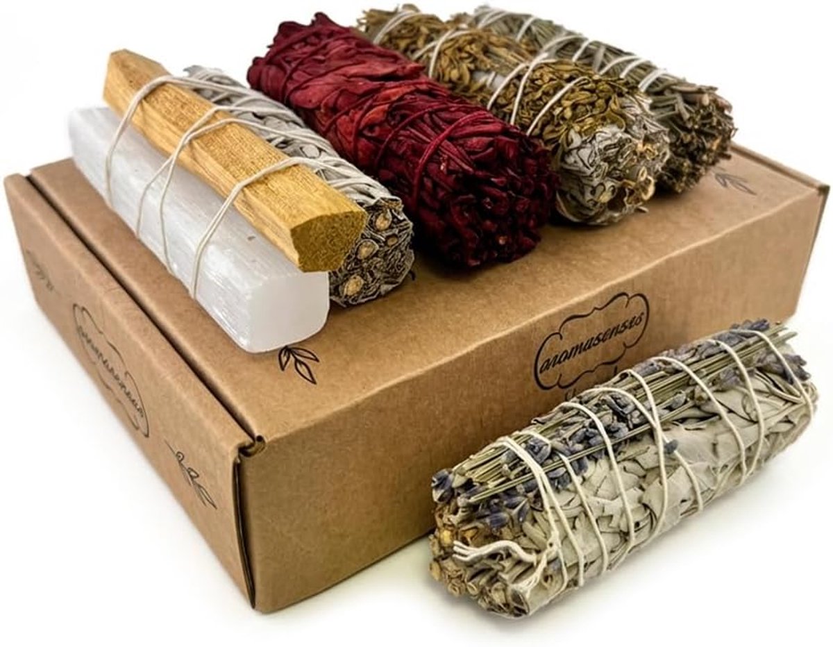 SnelShoppen - Ritualen Set van 5 Heilige Bundels: Witte Salie met Palo Santo, Seleniet, Lavendel, Rozemarijn, Drakenbloed voor Reiniging & Bescherming