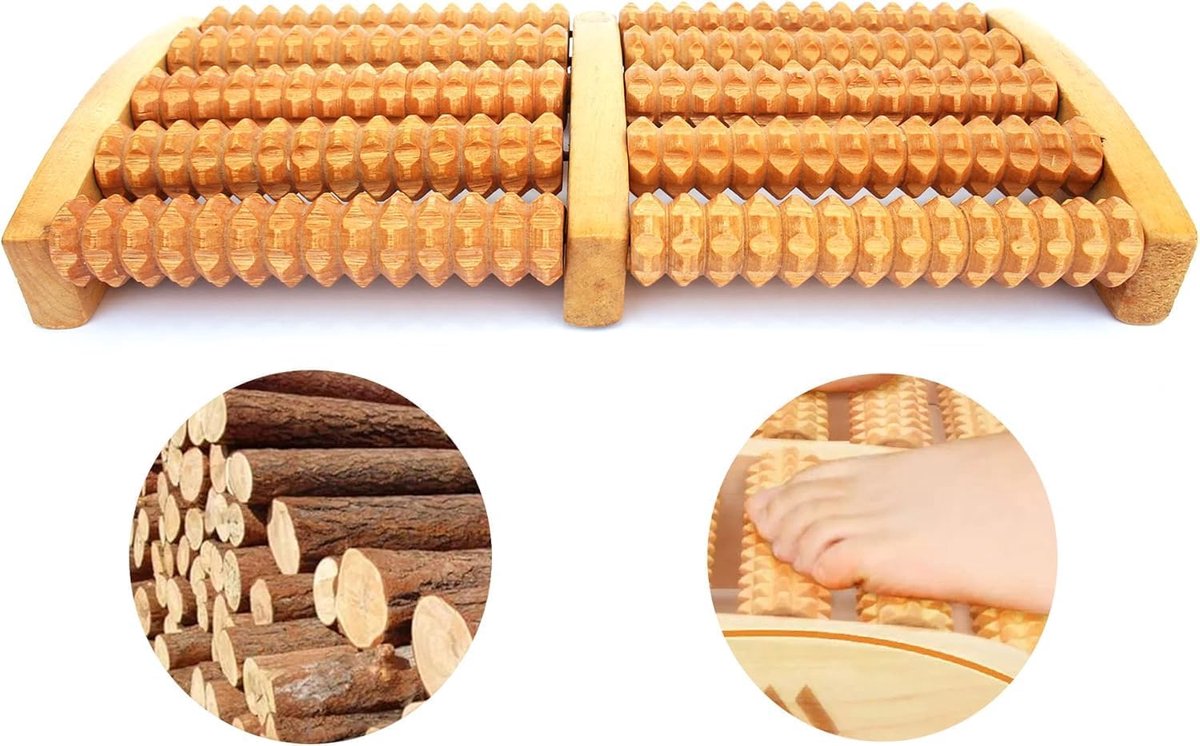 SnelShoppen - Houten Voetmassageapparaat met 10 Massage Rollers - Lymfedrainage en Ontspanning voor Thuisgebruik - Reflexologie en Stressverlichting -