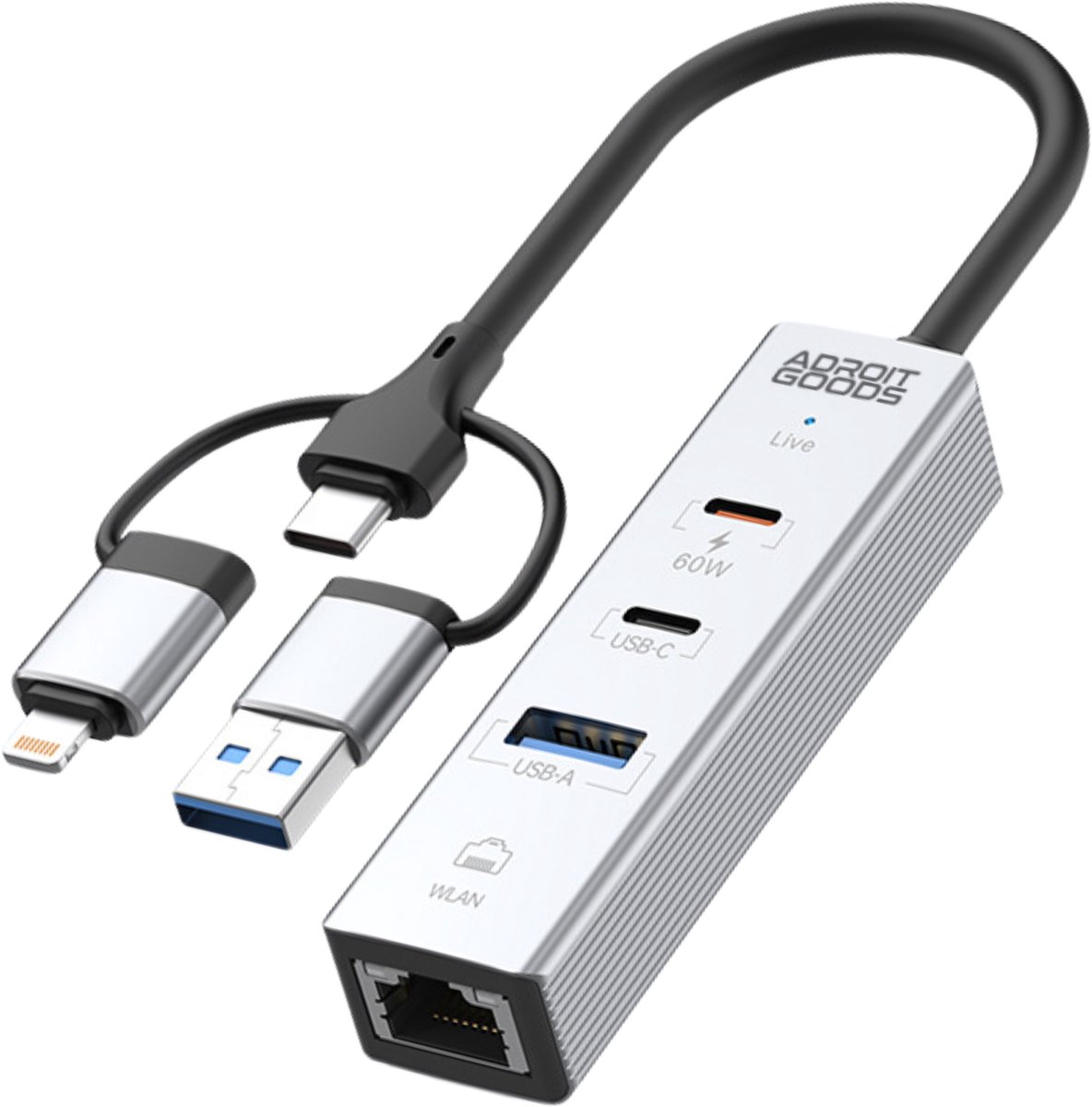 AdroitGoods 3-in-1 USB-C Hub met Ethernet LAN 100Mbps geschikt voor lightning, USB 3.0, PD 60W Snelladen, OTG Adapter voor Smartphone Tablet Laptop - Silver