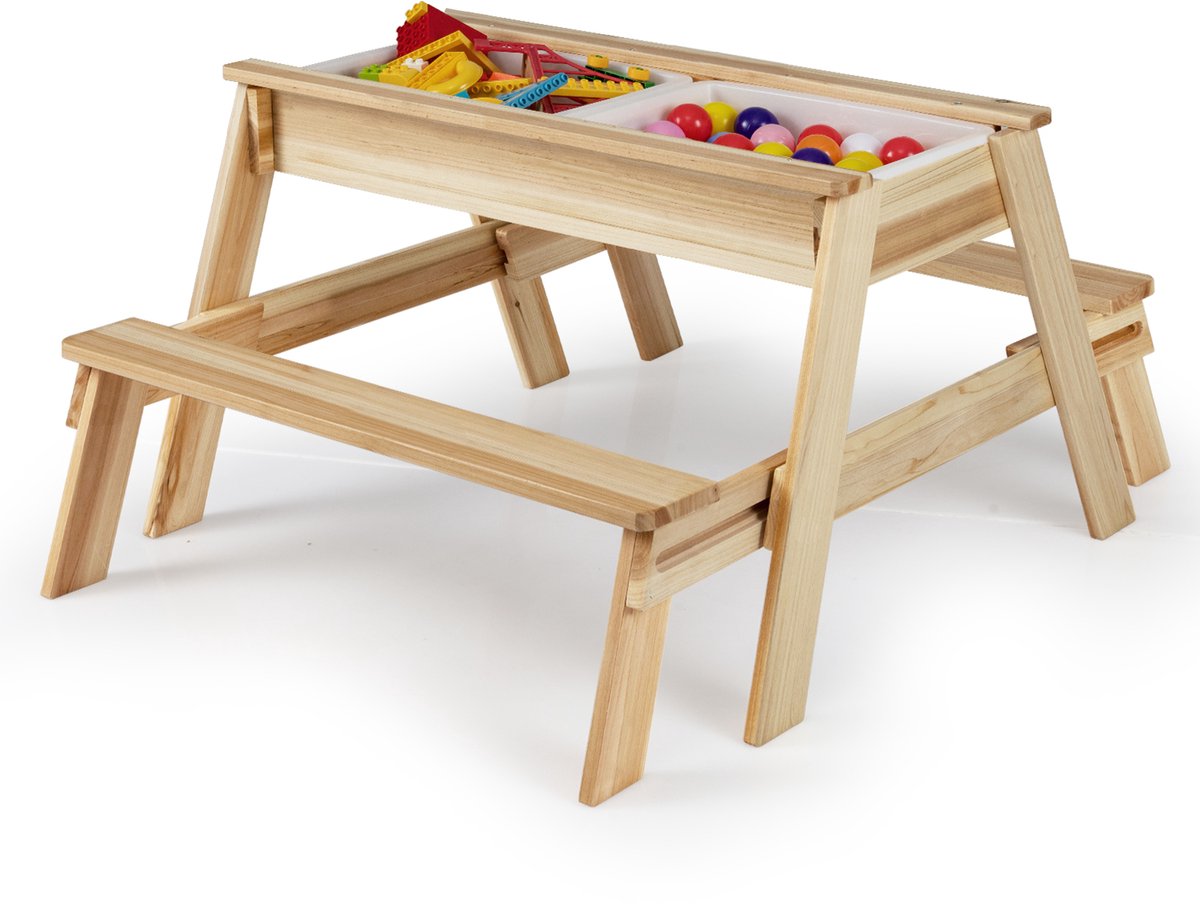 COSTWAY 2-in-1 kindermeubelset met zand- en waterspeeltafel, outdoor picknicktafel met afneembaar deksel en 2 zandbakken, zand- en waterspeeltafel voor kinderen, meubels