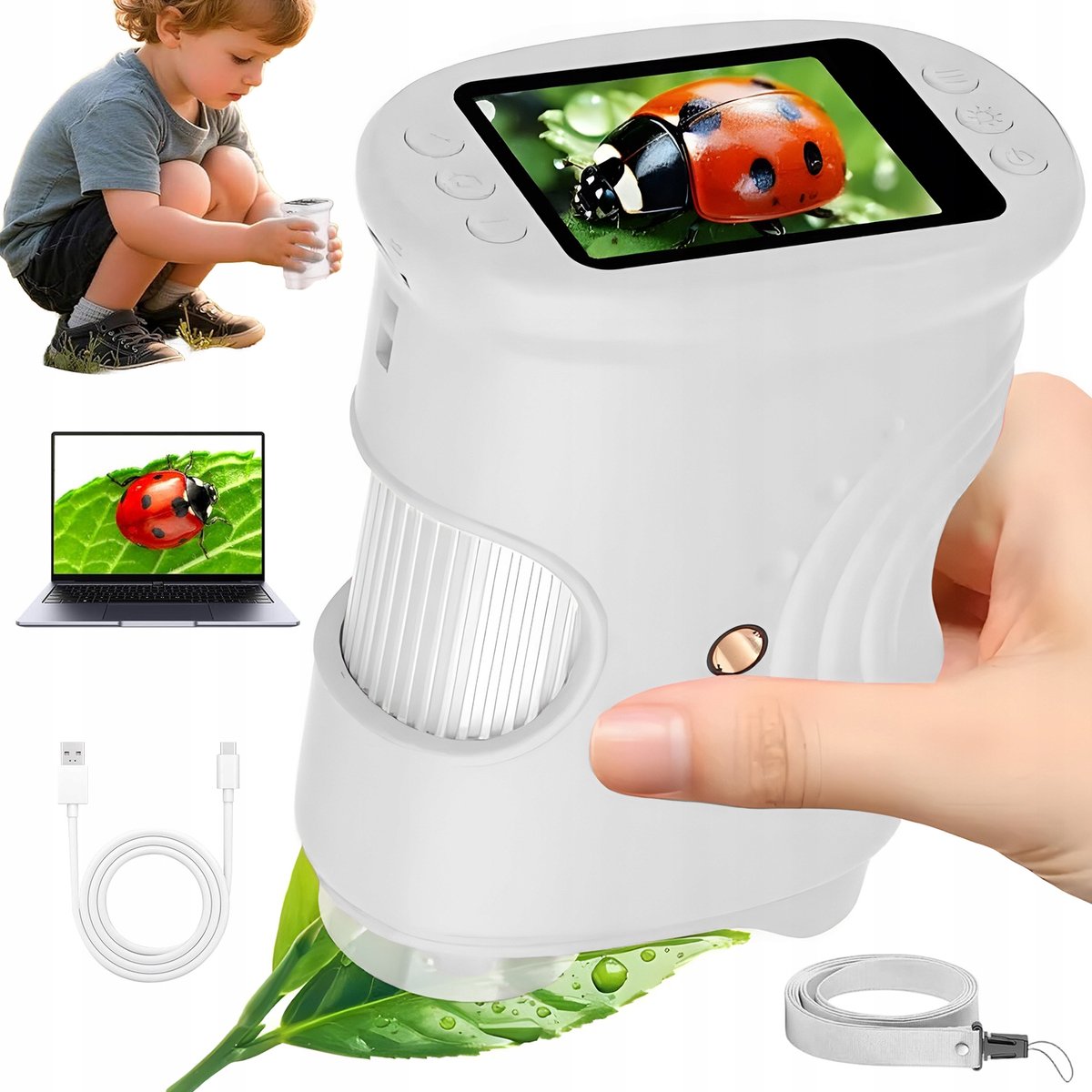 Digitale Microscoop voor Kinderen - Handmicroscoop - Kindermicroscopen - 2MP Camera & 1000x Vergroting - Handmatige Scherpstelling & 8 Instelbare LED's - 32 MB Opslag Voor 200+ foto's - Educatief Speelgoed - Voor Natuur & Experiment - Wit